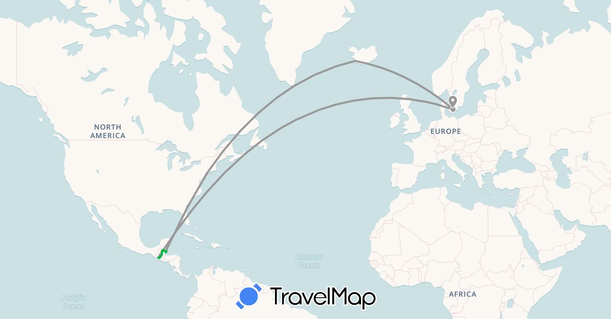 TravelMap itinerary: bus, plane in Belize, Denmark, Guatemala, Iceland, United States (Europe, North America)